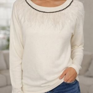 Sioni Chic Feather-Trim Embellished Sweater Elegant & Cozy